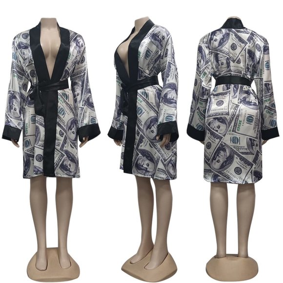 RJ11 Silver-Gray Silk/Satin Dollar Printed Robe - Picture 1 of 2